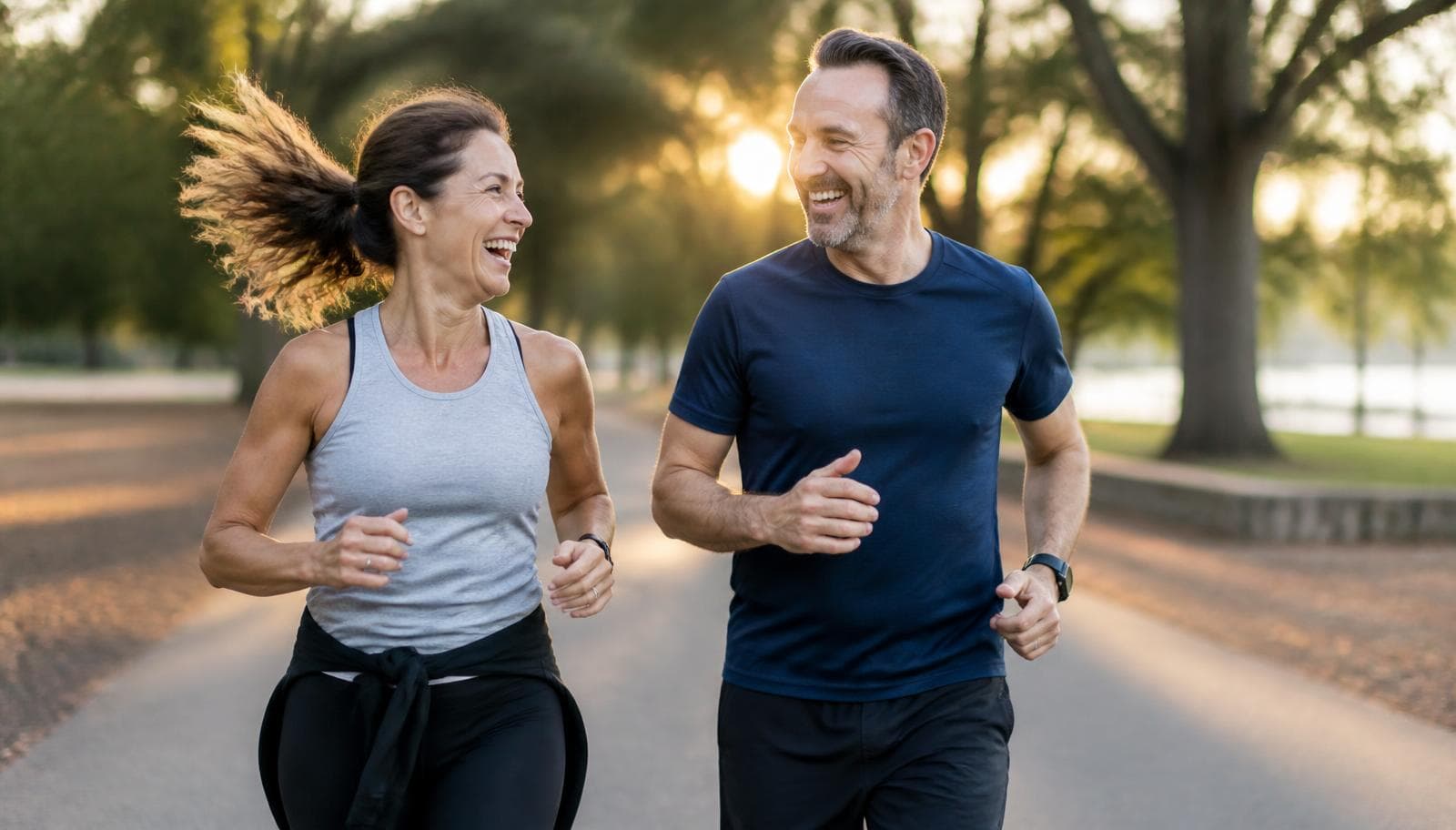 Two runners on a coastal road at dusk.