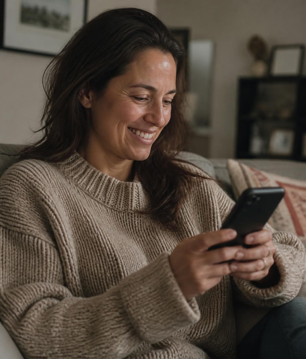 A woman relaxing at home completing her online health assessment.