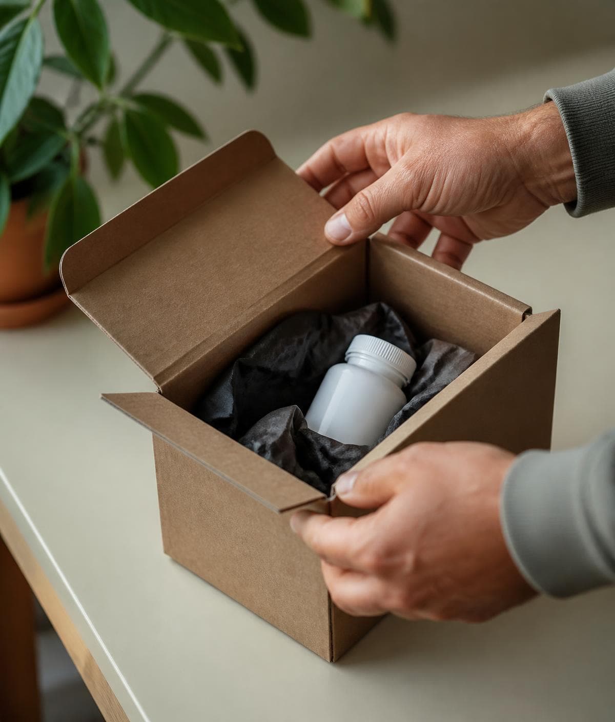 Hands opening an unbranded shipping box containing a medication kit.