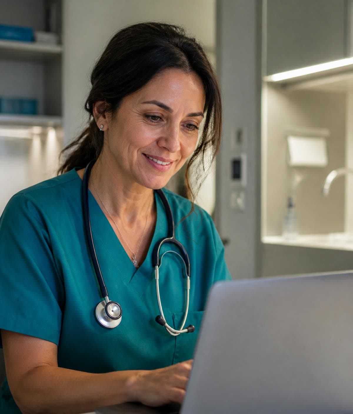 A physician reviewing a patient plan on a laptop in a bright room.